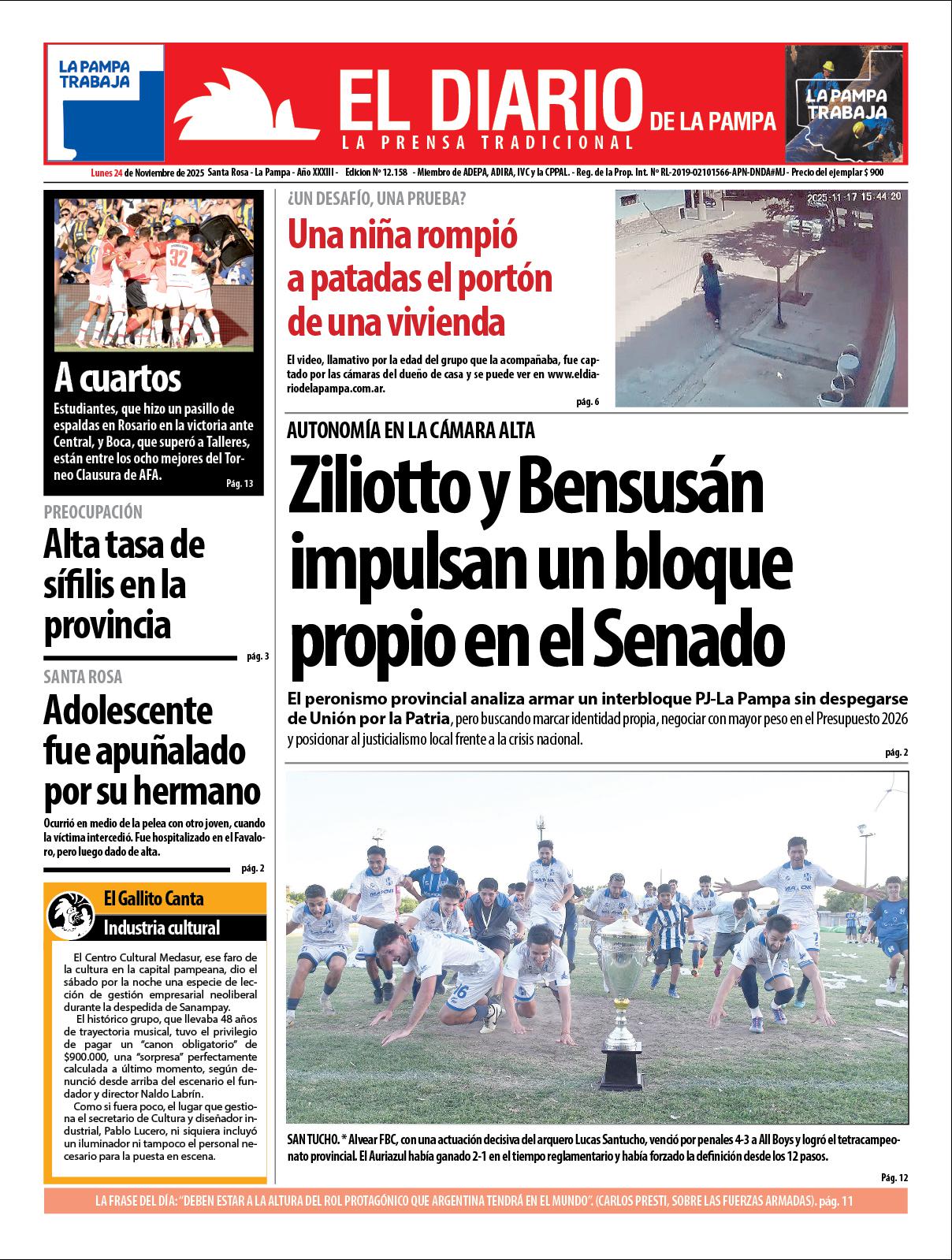 Tapa de El Diario en papel  lunes 24 de noviembre de 2025
